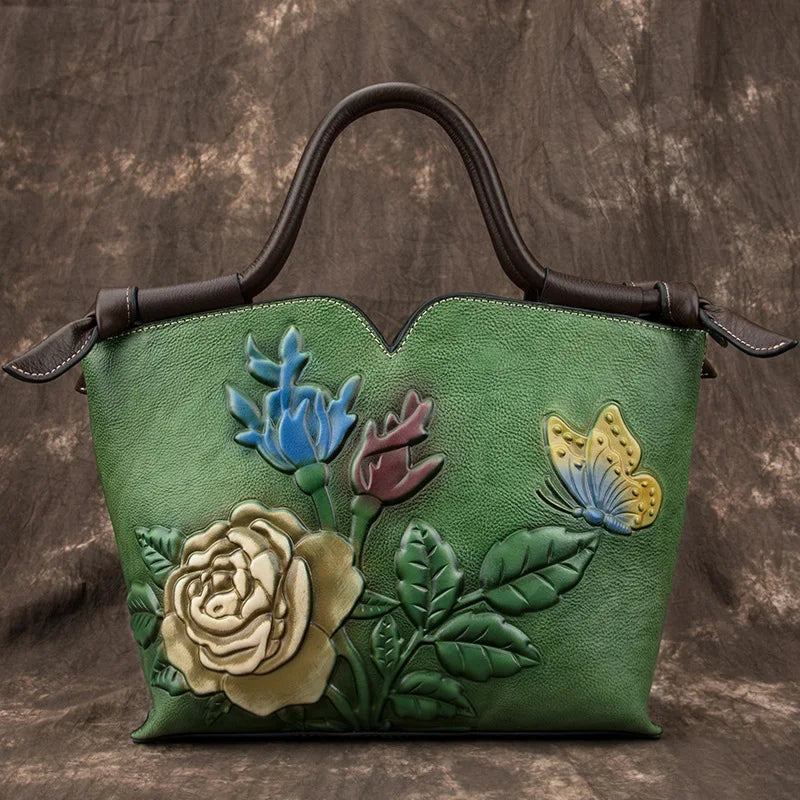 Small Ladies Genuine Leather Tote Bag Vintage Floral Shoulder Bags for Women 2024 New Handmade Cow Leather Handbag Female