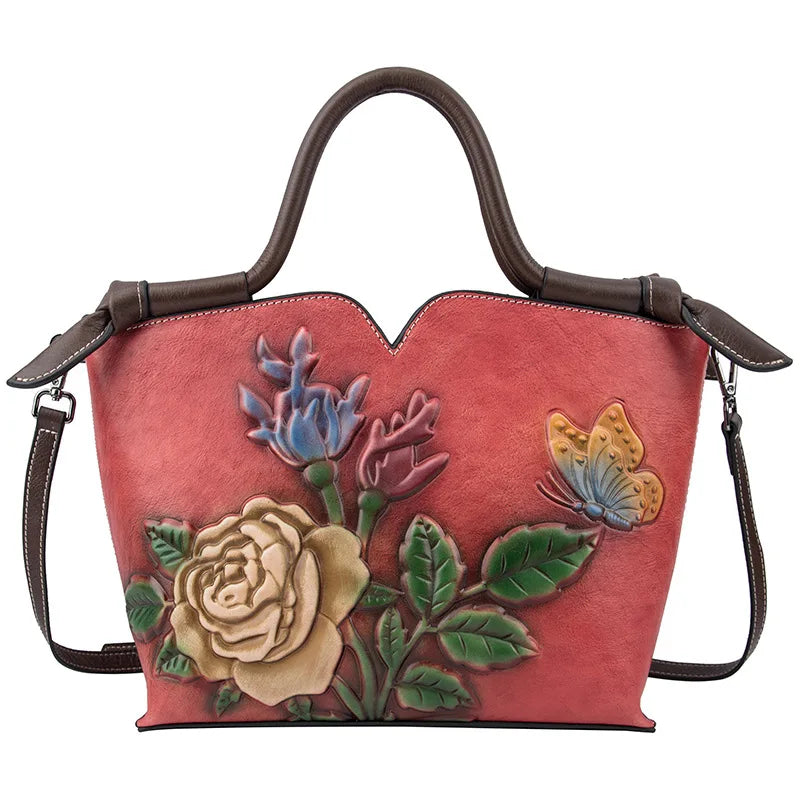 Small Ladies Genuine Leather Tote Bag Vintage Floral Shoulder Bags for Women 2024 New Handmade Cow Leather Handbag Female