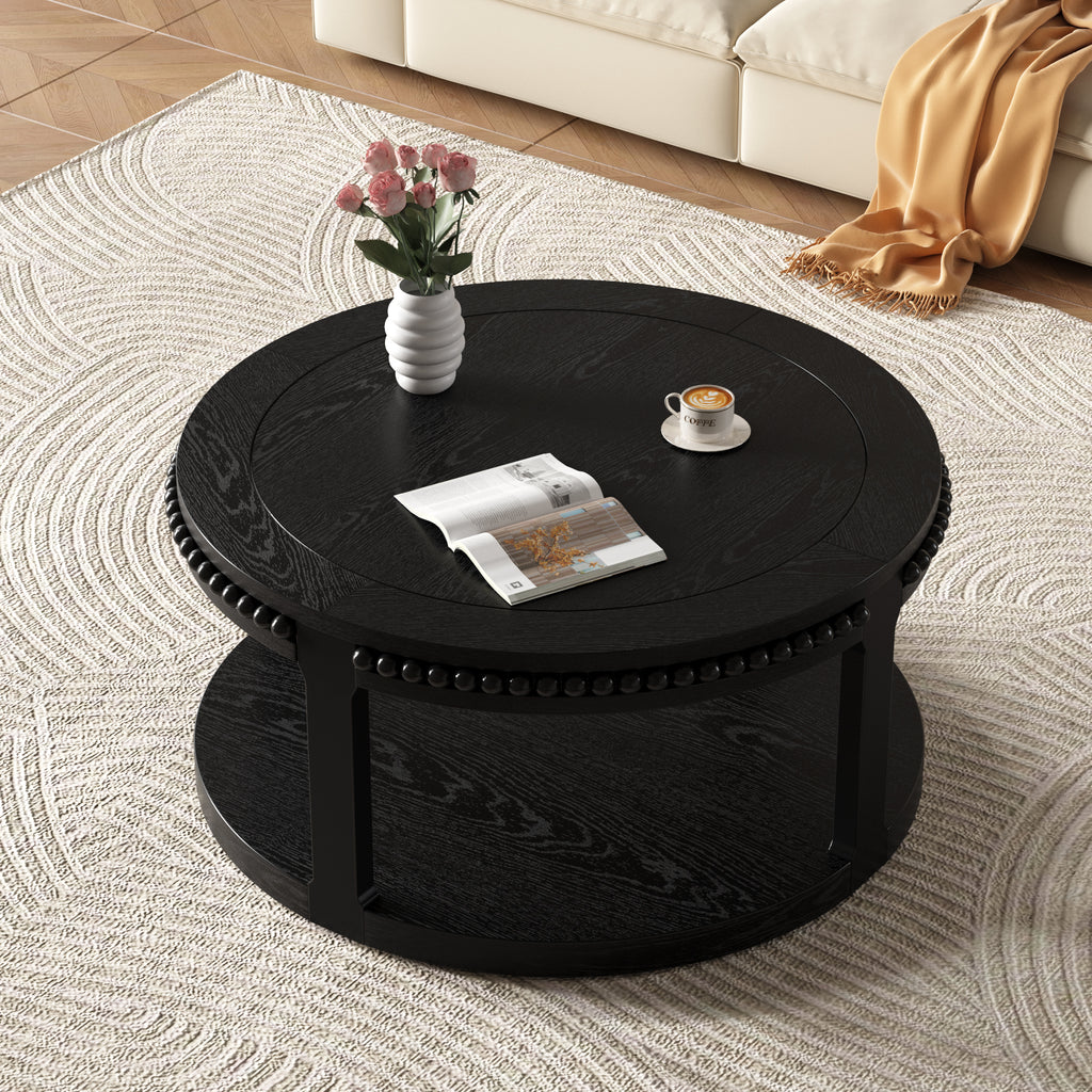 31.5 Inch Solid Wood round Coffee Table for Living Room,2-Tier Rustic Wood Desktop with Storage Shelf Modern Design Home Furniture Black