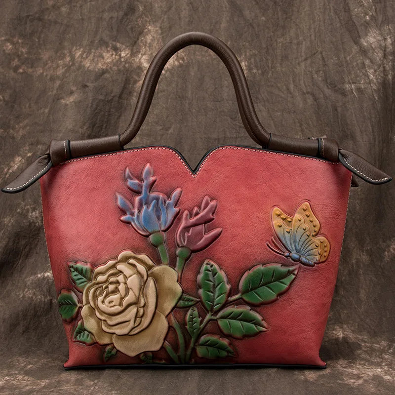 Small Ladies Genuine Leather Tote Bag Vintage Floral Shoulder Bags for Women 2024 New Handmade Cow Leather Handbag Female