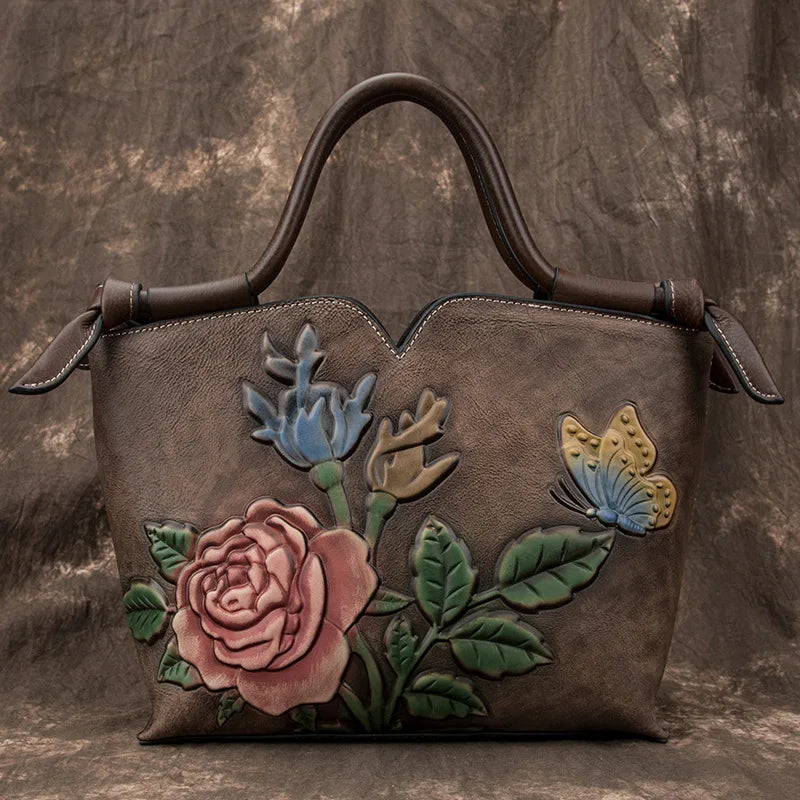 Small Ladies Genuine Leather Tote Bag Vintage Floral Shoulder Bags for Women 2024 New Handmade Cow Leather Handbag Female