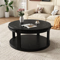 31.5 Inch Solid Wood round Coffee Table for Living Room,2-Tier Rustic Wood Desktop with Storage Shelf Modern Design Home Furniture Black
