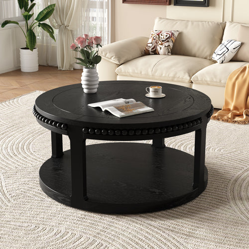 31.5 Inch Solid Wood round Coffee Table for Living Room,2-Tier Rustic Wood Desktop with Storage Shelf Modern Design Home Furniture Black