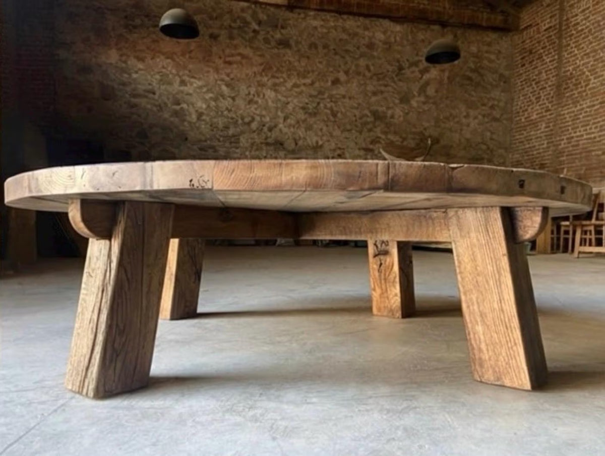 Reclaimed Barn Wood Coffee Table – Rustic round Handmade Wabi Sabi Furniture
