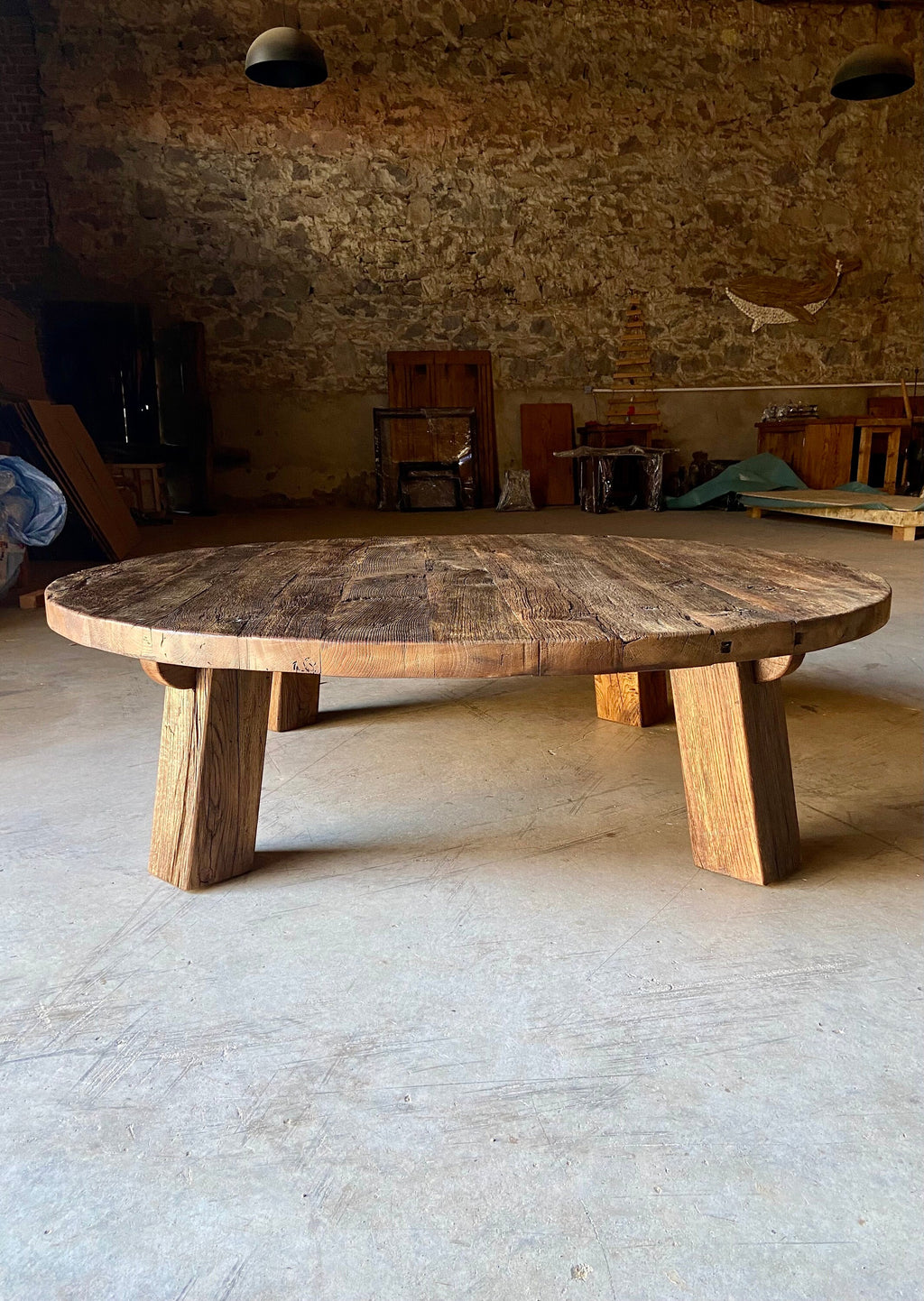 Reclaimed Barn Wood Coffee Table – Rustic round Handmade Wabi Sabi Furniture